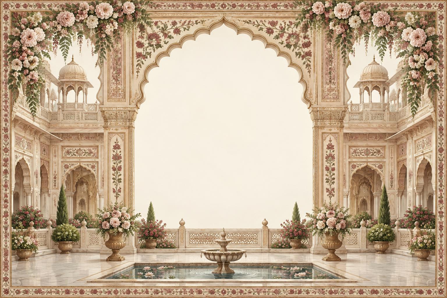 Rose-adorned palace arches inspired by the printed wedding invitation